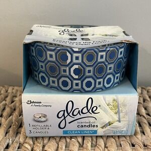 GLADE Clean Linen Scented Oil Candle Refillable Holder & 3 Candles